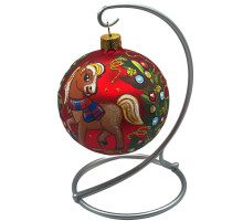 Glass ball, red, handmade with the image of a horse, 8 cm, GB608-1525