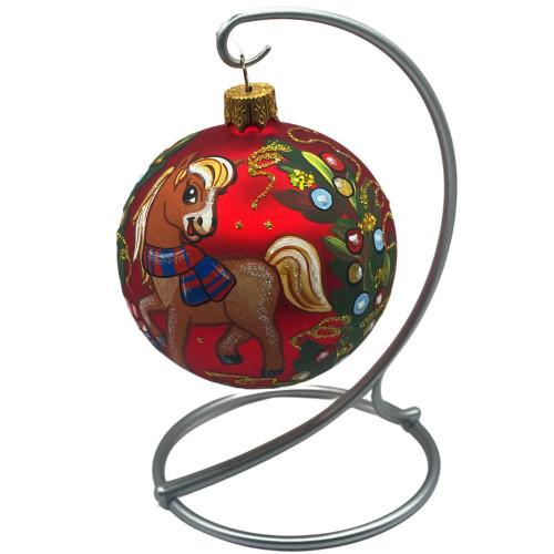 Куля скляна, червона , ручної роботи з зображенням коня, 8 см, GB608-1525