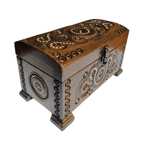 A carved wooden casket decorated with beads and metal, handmade, 9x17 cm