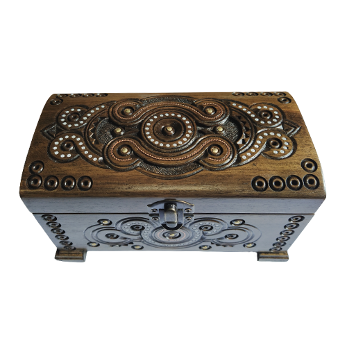 A carved wooden casket decorated with beads and metal, handmade, 9x17 cm