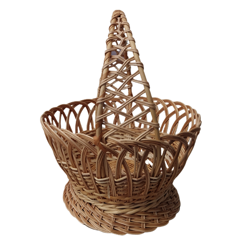 A brown basket made of wicker with an interwoven handle, d=31 cm, h=40 cm + handle, for Easter, for a picnic, a gift