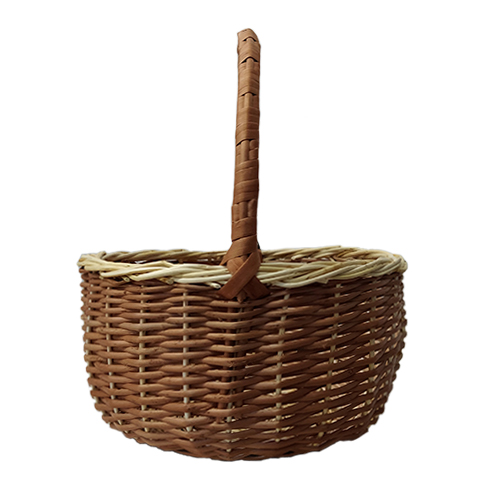 A brown basket made of wicker, with a high handle, d=20 cm, h=24 cm + handle