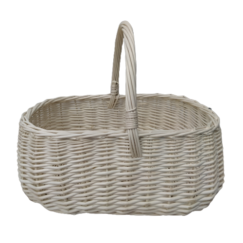 A rectangular white basket, made of wicker, d=34 cm, h=29 cm + handle, for Easter, for a picnic, gift