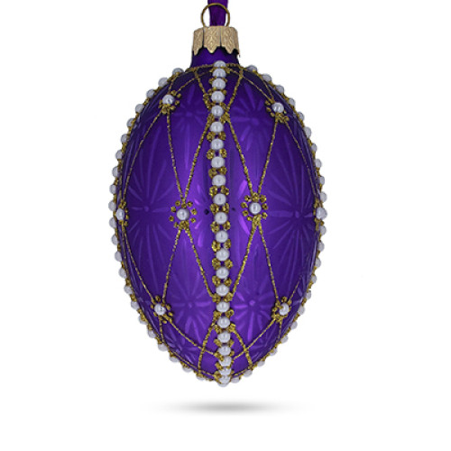 Ялинкова підвіска-яйце скляна, фіолетова, з   декорована глітером, "Перлини"  ручна робота, 6,5 см