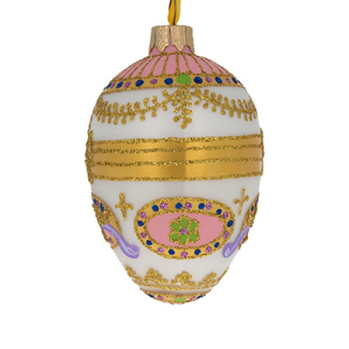 Ялинкова підвіска-яйце скляна, біла,  декорована глітером та намистинами, із  художнім розписом  в стилі Фаберже "Бонбоньєрка", ручна робота,  6,5 см