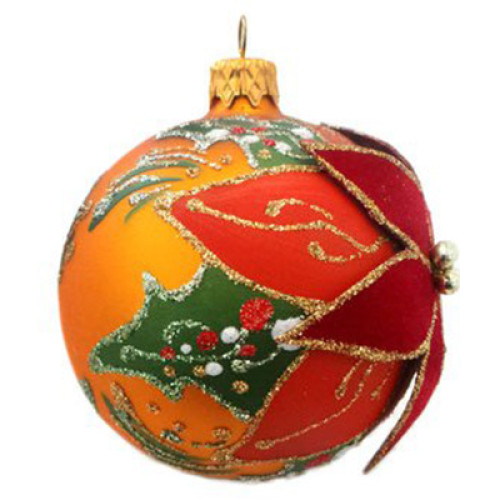 A golden handmade glass Christmas tree ball with a voluminous poinsettia flower, 4 inches