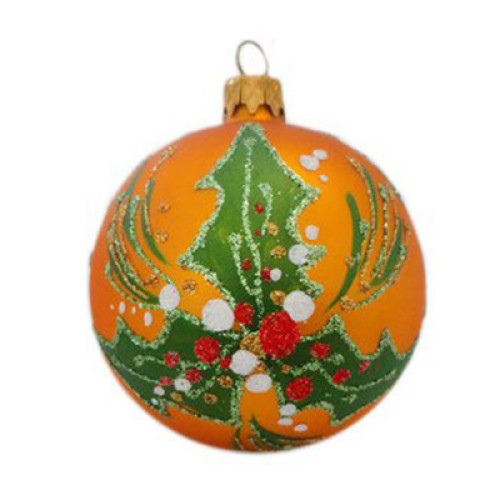 A golden handmade glass Christmas tree ball with a voluminous poinsettia flower, 4 inches