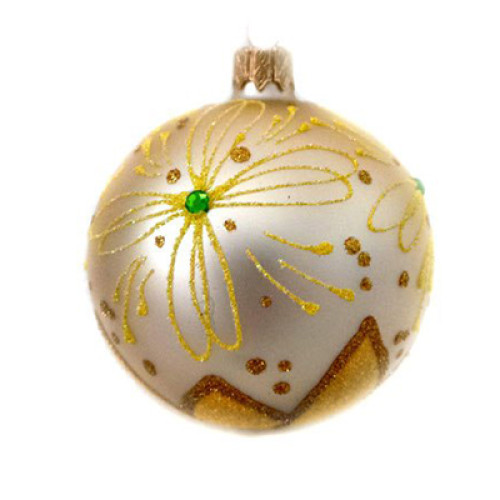A champagne handmade glass Christmas tree ball with a gentle golden ornament and embellished with decorative beads, 3,25 inches
