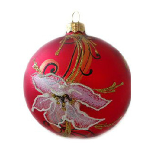 A red handmade glass Christmas tree ball with an artistic flower ornament, 4 inches