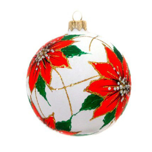 A white handmade glass Christmas tree ball with an artistic flower painting "Poinsettia", 4 inches