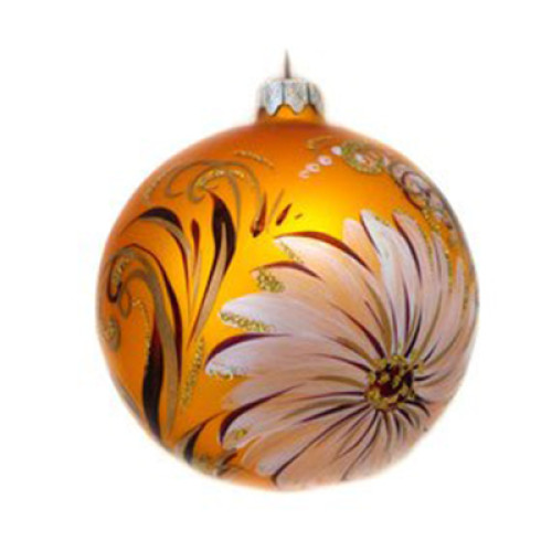 A golden handmade glass Christmas tree ball painted with white flowers and embellished with golden glitter, 4 inches