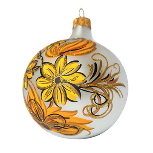 Куля скляна, біла розписана жовтими квітами та оздоблена глітером, ручної роботи, 8 см