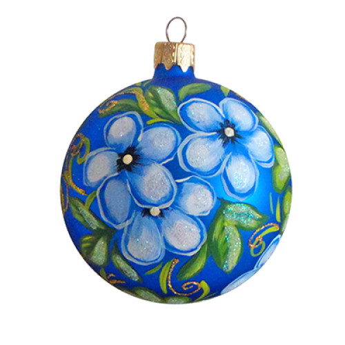 A blue handmade glass Christmas tree ball painted with large white flowers "A camomile", 4 inches