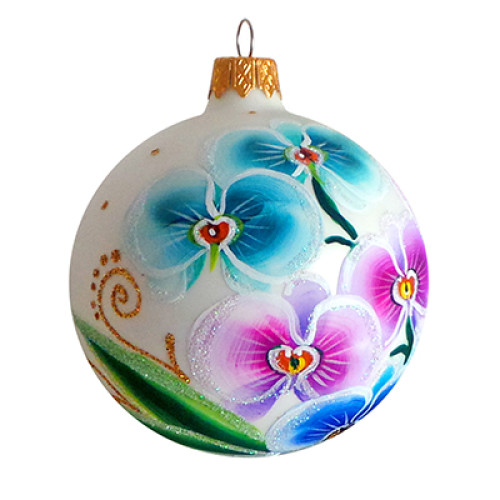 A silver handmade glass Christmas tree ball with an artistic flower painting "An orchid", 3,25 inches