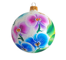 A silver handmade glass Christmas tree ball with an artistic flower painting "An orchid", 4 inches