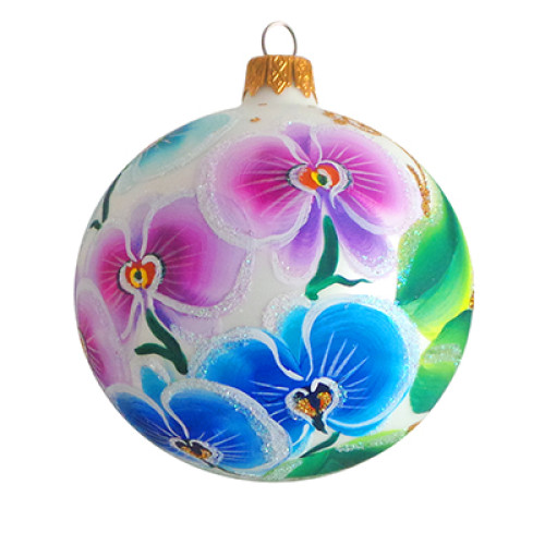 A silver handmade glass Christmas tree ball with an artistic flower painting "An orchid", 3,25 inches