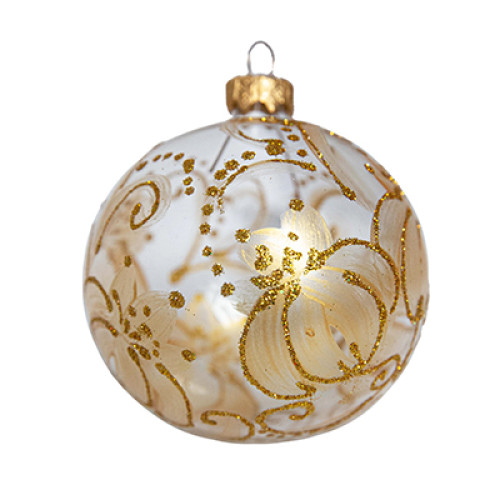 Куля скляна, прозора, із золотим квітковим орнаментом, декорована золотим глітером, ручна робота, 8 см
