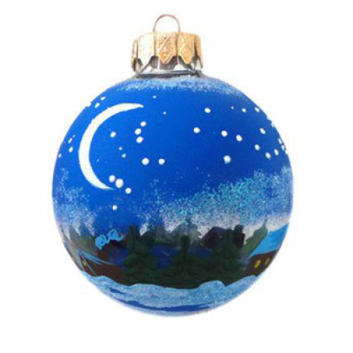 Куля скляна, синя, з художнім розписом ручної роботи, декорована глітером "Санта в санях над селом",  8 см
