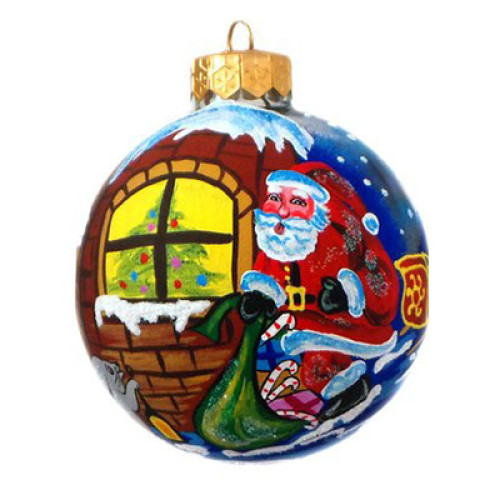 A blue handmade glass Christmas tree ball with an artistic painting, embellished with glitter "Santa near the window", 3,25 inches