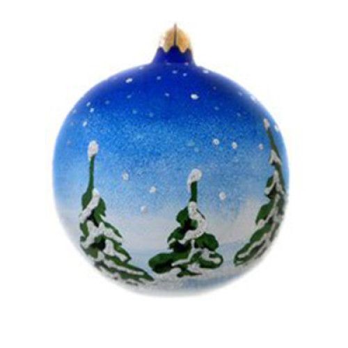 A blue handmade glass Christmas tree ball with an artistic painting, embellished with glitter "Snowmen with sledges", 3,25 inches