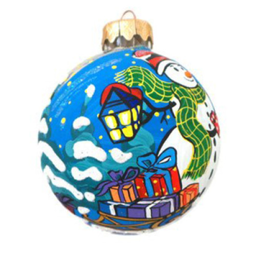 Куля скляна, синя, з художнім розписом ручної роботи, декорована глітером "Сніговик з подарунками",  8 см