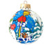 Куля скляна, синя, з художнім розписом ручної роботи, декорована глітером "Сніговик з подарунками",  8 см