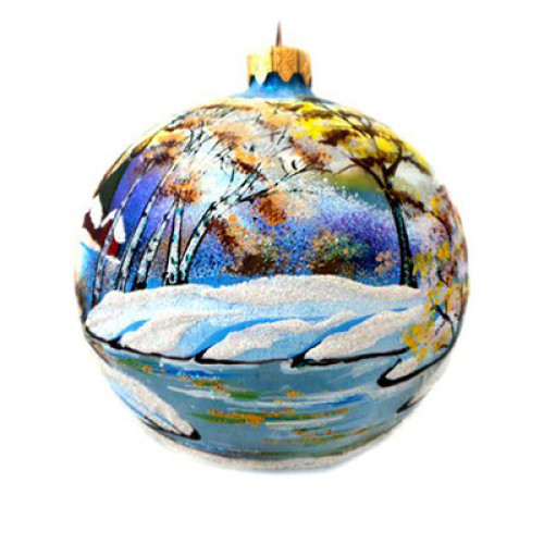 A handmade glass Christmas tree ball with an artistic painting, embellished with glitter "A winter landscape", 4 inches