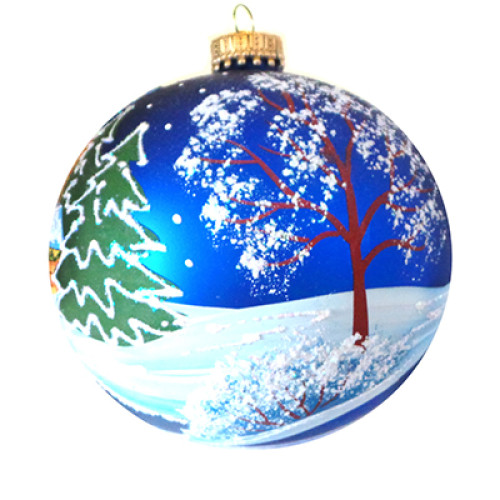 A blue handmade glass Christmas tree ball with an artistic painting, embellished with glitter "A winter village", 4 inches