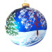 A blue handmade glass Christmas tree ball with an artistic painting, embellished with glitter "A winter village", 3,25 inches