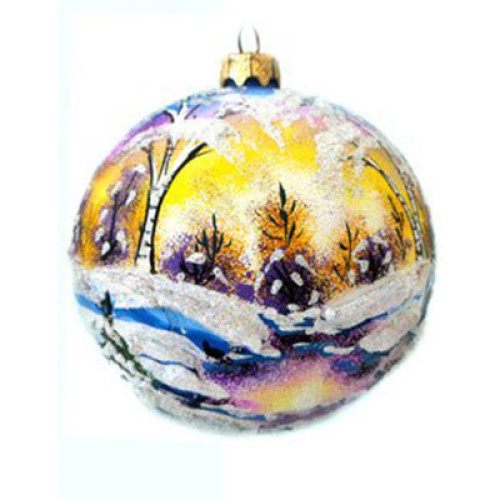 A handmade glass Christmas tree ball with an artistic painting, embellished with glitter "A winter landscape", 4 inches