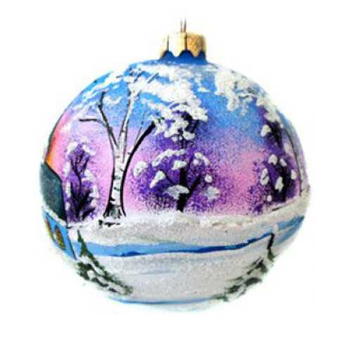 Куля скляна, з художнім розписом, декорована глітером "Зимовий пейзаж", ручна робота, 10 см