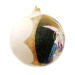 A white handmade glass Christmas tree ball with an artistic painting, embellished with glitter "The birth of Christ", 4 inches