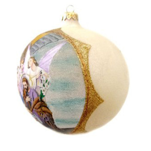 A white handmade glass Christmas tree ball with an artistic painting, embellished with glitter "The birth of Christ", 4 inches