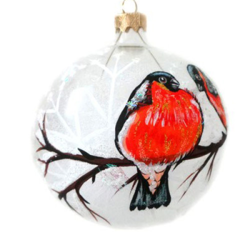 A transparent handmade glass Christmas tree ball with an artistic painting, embellished with glitter "Bullfinches", 4 inches
