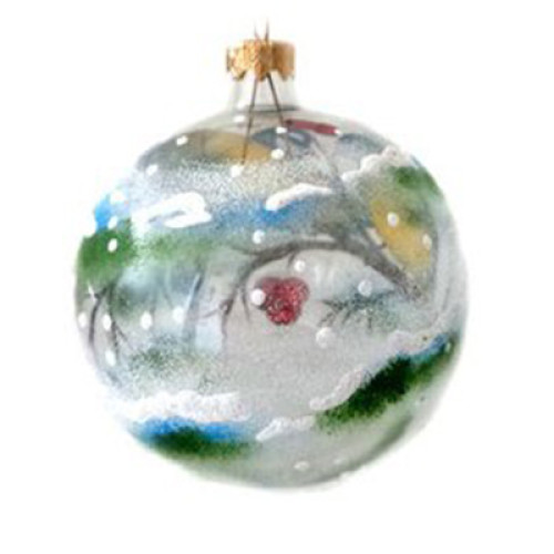A transparent handmade glass Christmas tree ball with an artistic painting, embellished with glitter "Bullfinches", 3,25 inches