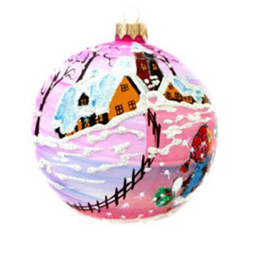 A pink handmade glass Christmas tree ball with an artistic painting, embellished with glitter "A winter landscape", 4 inches