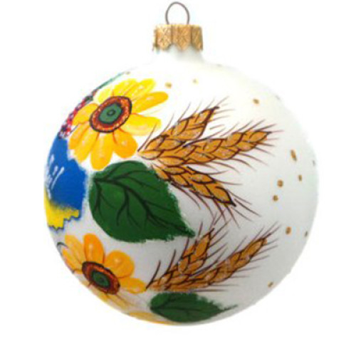 A white handmade glass Christmas tree ball with a blue and yellow flower ornament, embellished with glitter "A map of Ukraine", 4 inches