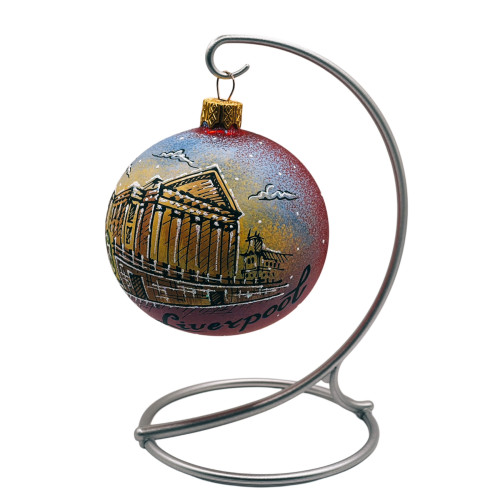 Glass ball, red with the image of architecture "Liverpool", 8 cm