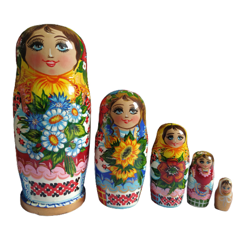 Дерев'яна розписна лялька в традиційному українському одязі, набір з 5-ти шт, "Україночка", 16 см