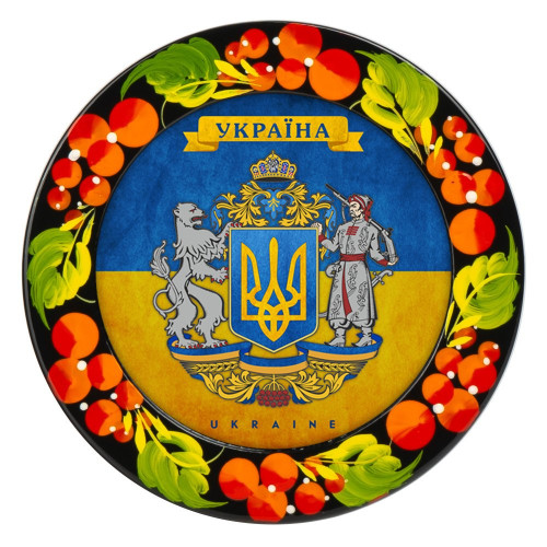 A wooden magnet with the depiction of the coat of arms of Ukraine, d=8 cm