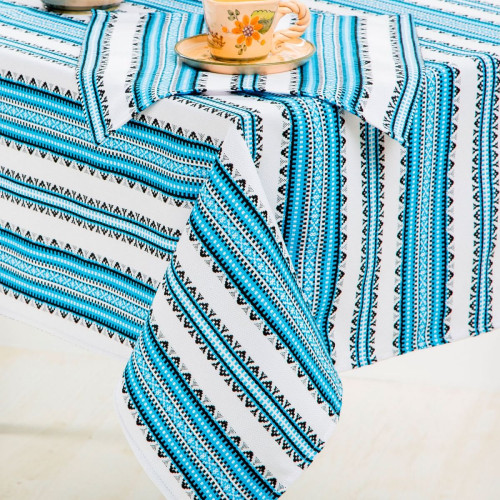 A table set: tablecloth and 6 embroidered napkins, blue 120x140 cm