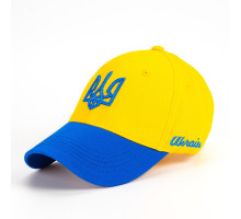 A yellow and blue baseball cap with the coat of arms of Ukraine