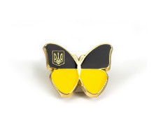 A yellow and blue metal badge "Butterfly" with coat of arms, h=2.6 cm
