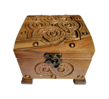 A carved wooden casket decorated with metal elements, handmade, 12x12 cm