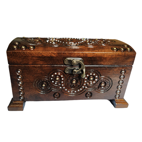 A carved wooden casket decorated with beads and metal, handmade, 9x18 cm