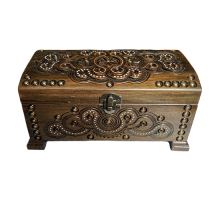 A carved wooden casket decorated with beads and metal, handmade, 21x12 cm