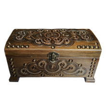 A carved wooden casket decorated with beads and metal, handmade, 21x12 cm