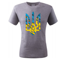 A grey T-shirt with a blue and yellow image - The coat of arms of Ukraine