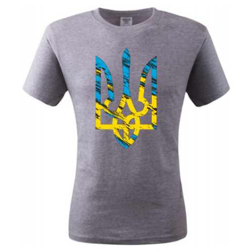 A grey T-shirt with a blue and yellow image - The coat of arms of Ukraine