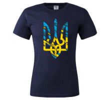 A blue T-shirt with a yellow and blue image - The coat of arms of Ukraine